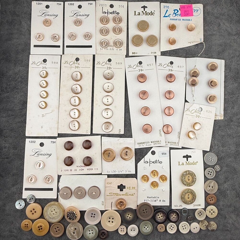 Lot of Mixed Vintage Plastic Buttons w Cards Brown Tan Lansing La Mode Loose